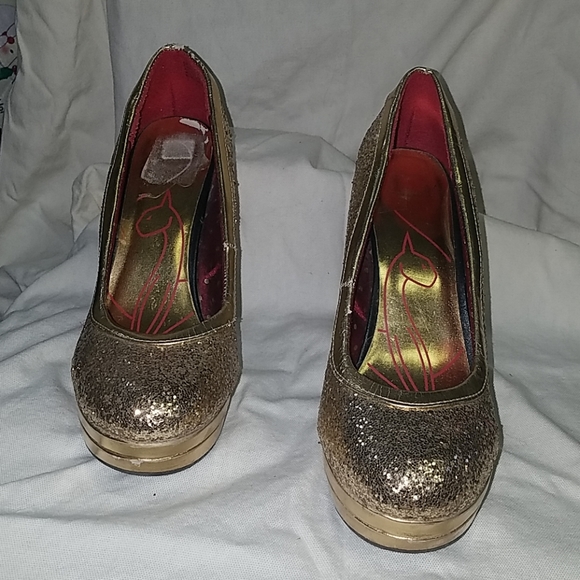 Baby Phat Shoes Gold Sparkle Platform Heel Sz 8 - Picture 2 of 7
